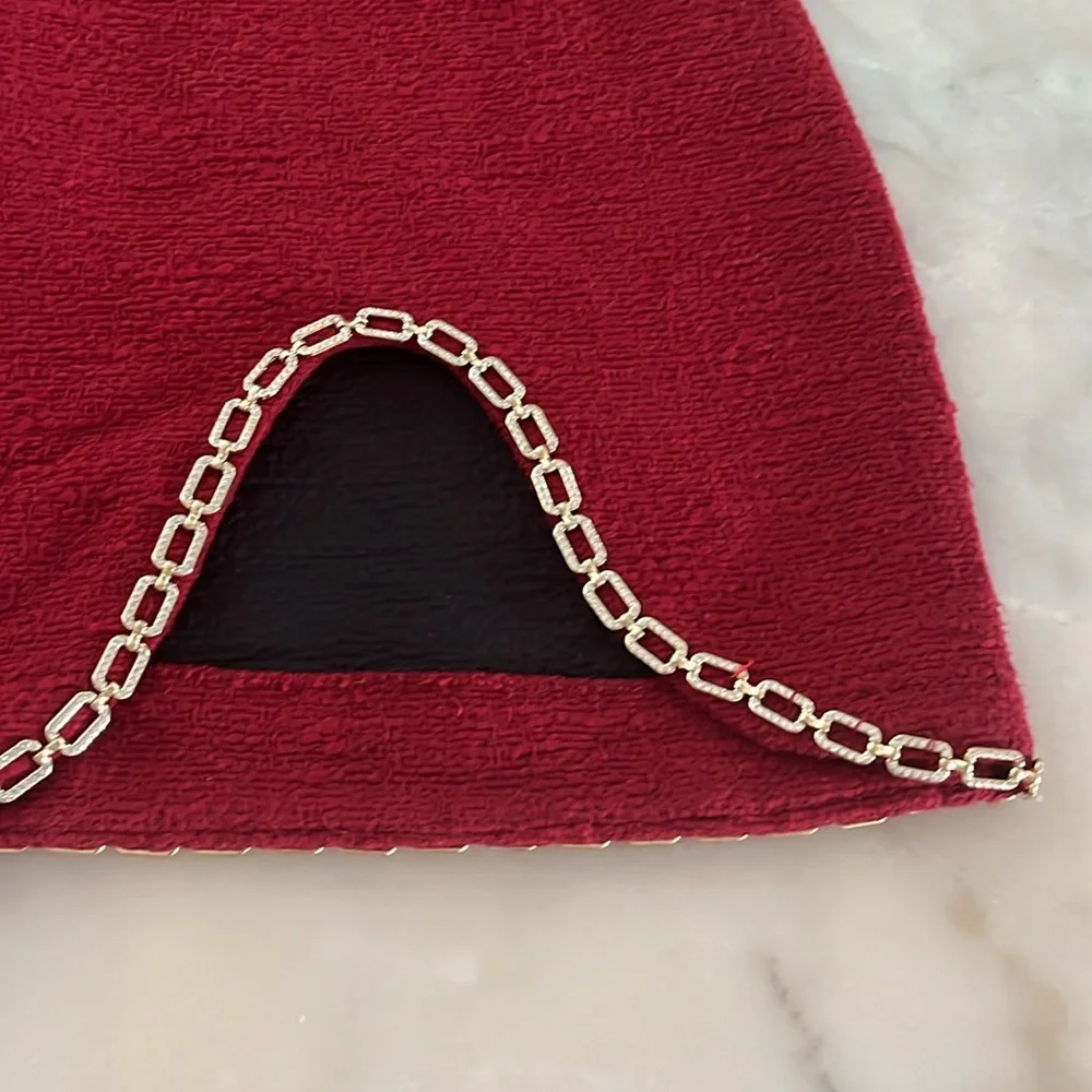 Zara Textured Tweed Boucle Asymmetric Chain Trim Mini Dress Red Gold Chain Sz L - Picture 13 of 17